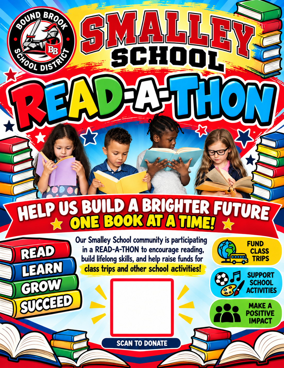 Smalley School Read-A-Thon banner with scan to donate QR code